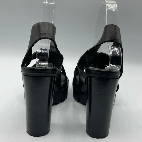 Zara Black Leather Chunky High Heel Sandals Size 6.5 - Picture 4 of 9